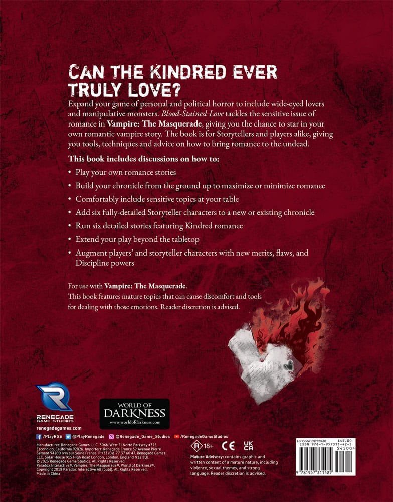 Vampire: The Masquerade 5th Edition RPG book Blood-Stained Love Sourcebook *Englische Version* - MangaShop.ro
