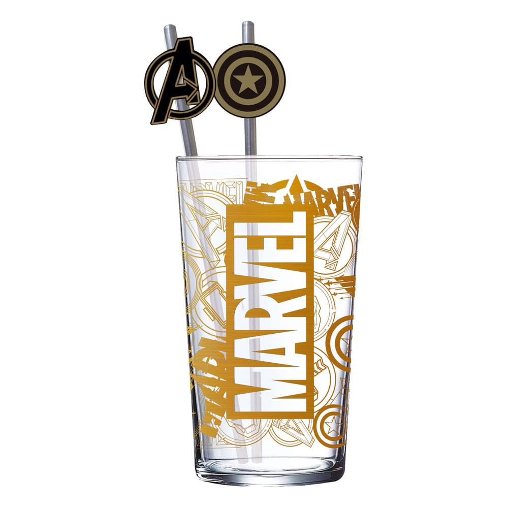 Marvel Glass Tumbler with Straws Logo & Avengers 485 ml - MangaShop.ro