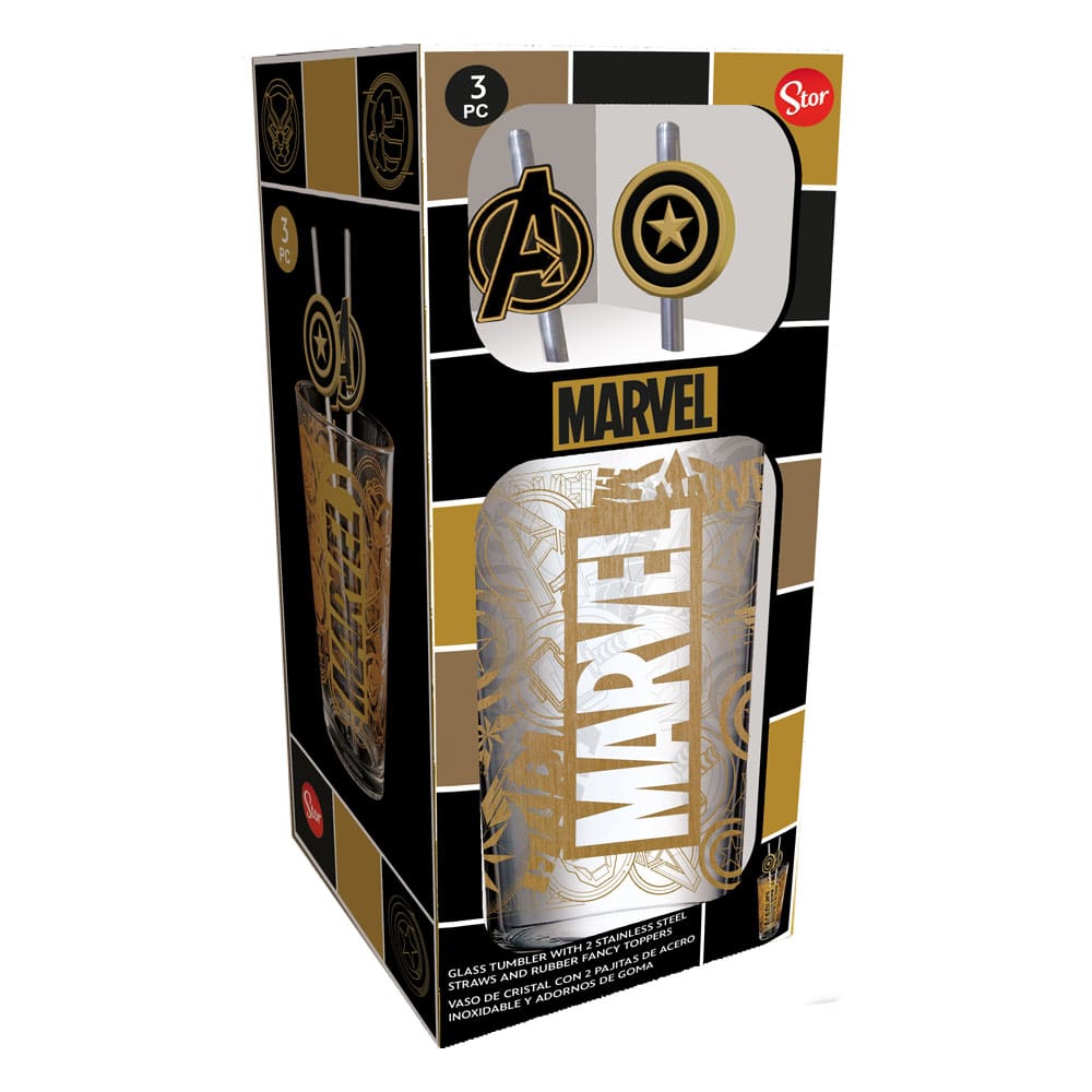Marvel Glass Tumbler with Straws Logo & Avengers 485 ml - MangaShop.ro